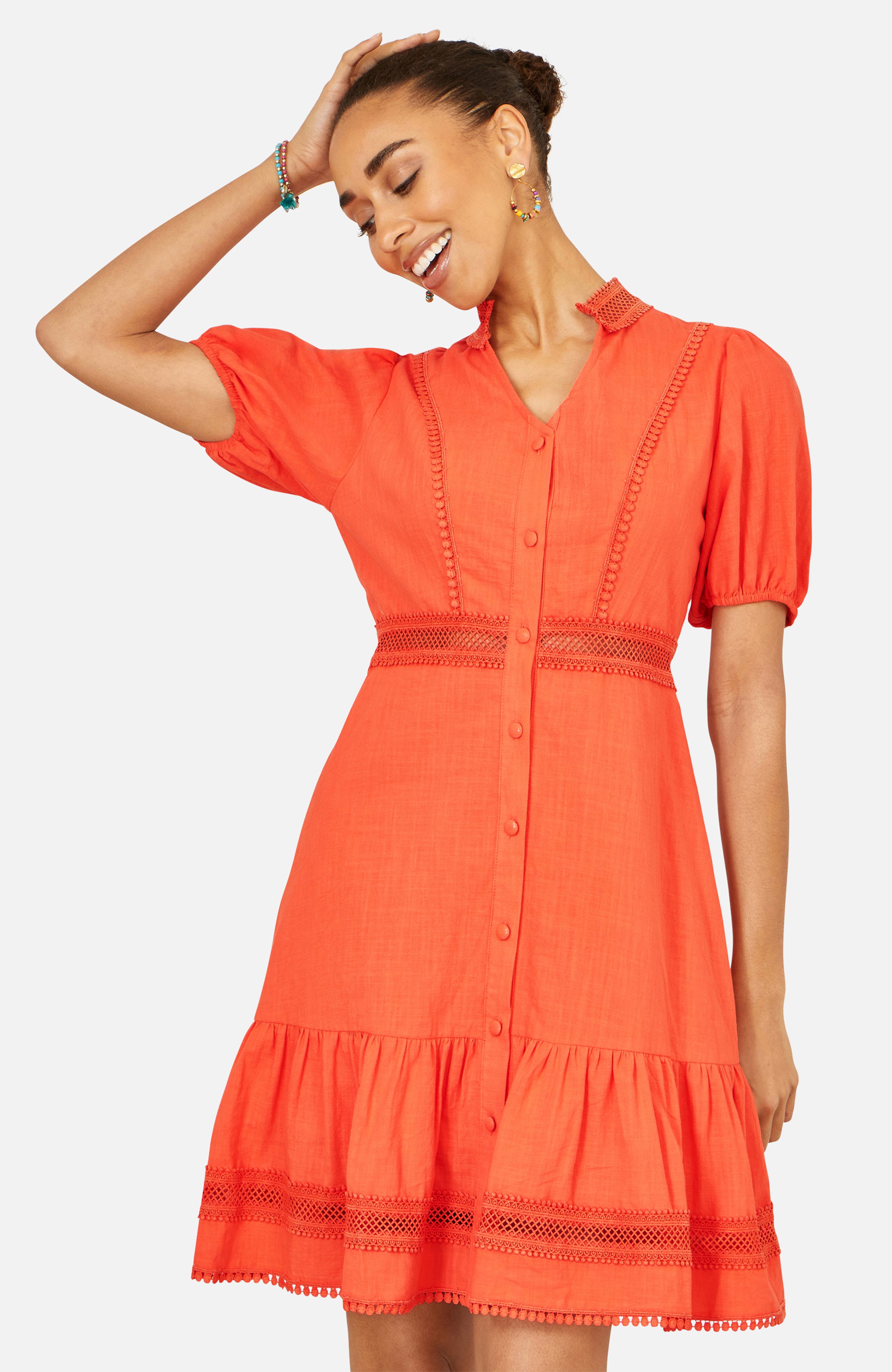 Yumi Cotton Lace Trim Skater Shirt Dress