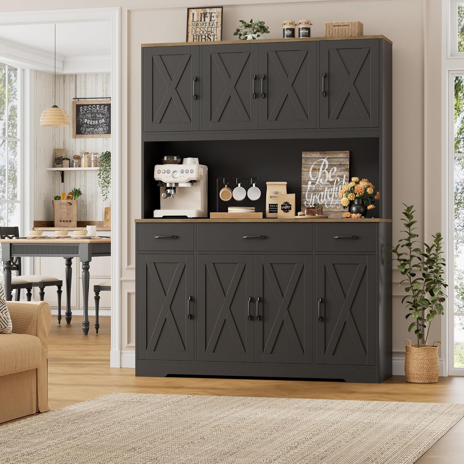 HOSTACK 71 Tall Pantry Cabinet with Charging Station, 55 Wide Kitchen Pantry Storage Cabinet with Countertop, Large Kitchen Hutch with Storage Drawers and Microwave Stand for Dining Room, Black