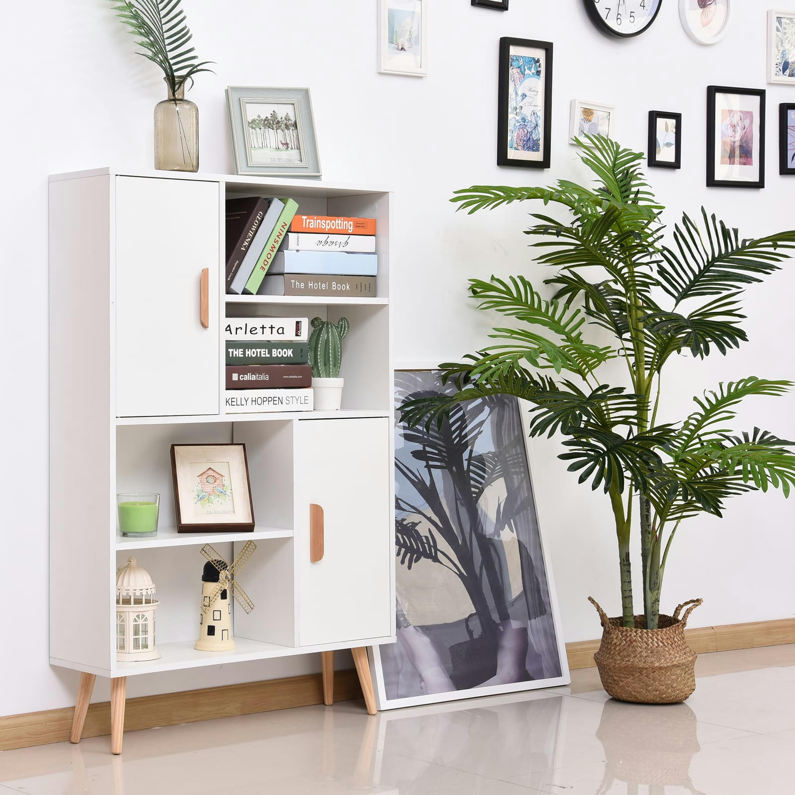 - Bibliothèque scandinave 4 niches et 2 placards blanc