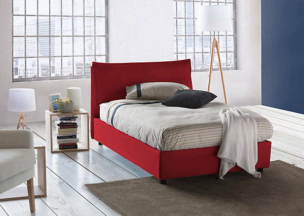 Lit double Deusebi, Lit coffre avec revêtement en tissu, Ouverture frontale, adapté pour matelas 120x190 cm, Rouge