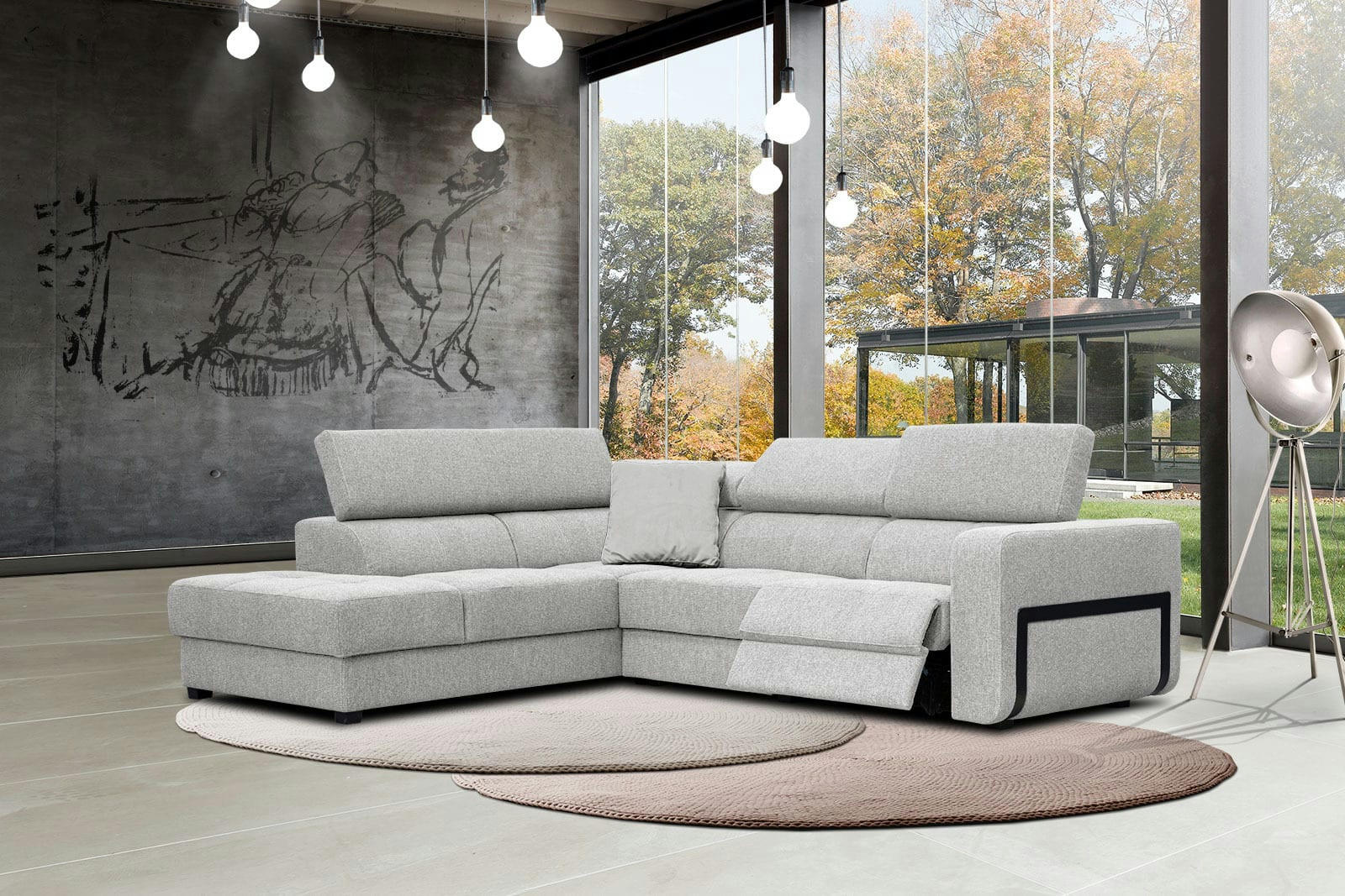 BERGO - Canapé d'angle gauche 5 places avec relax électrique tissu beige clair