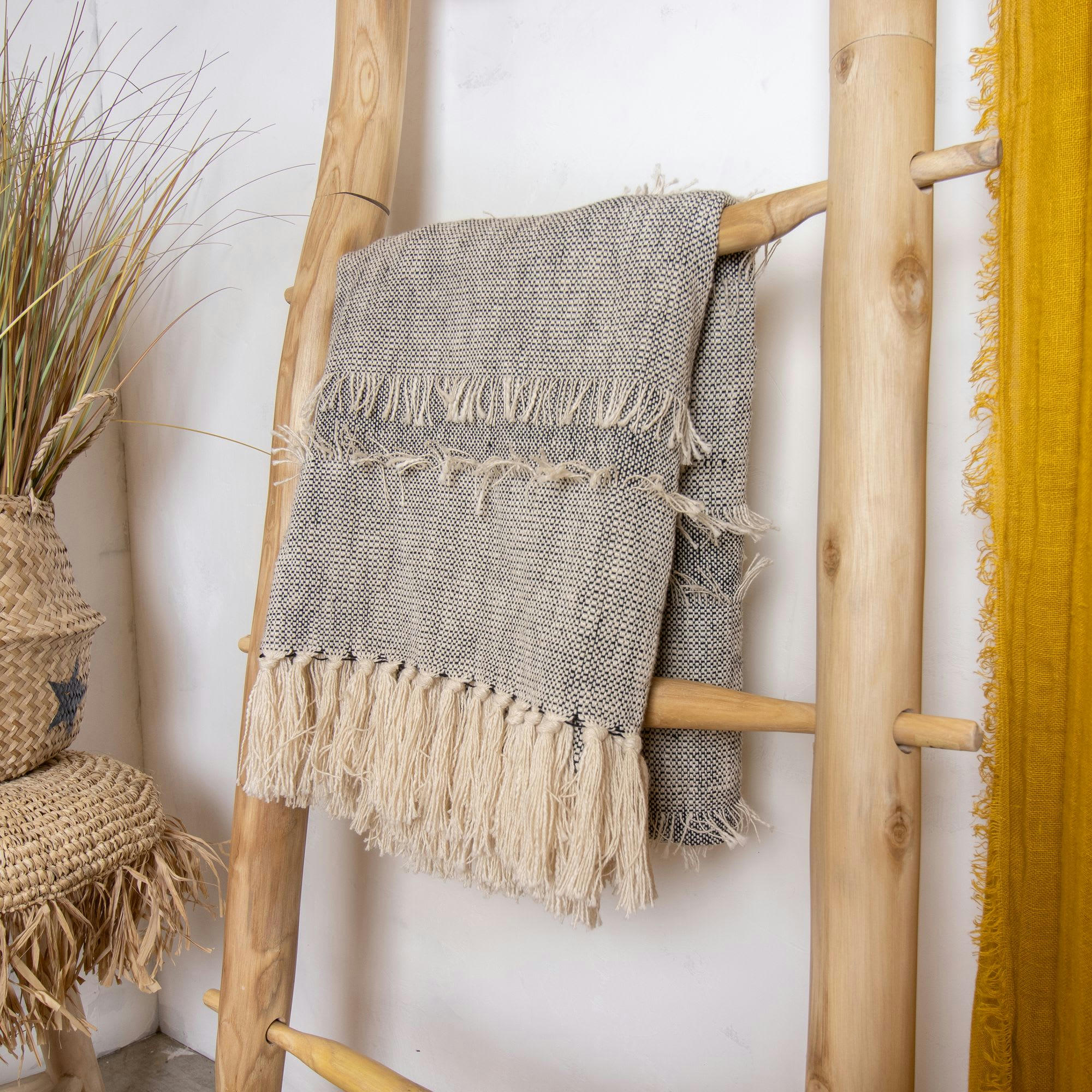 SHERPA - Plaid en coton beige et noir 150cm