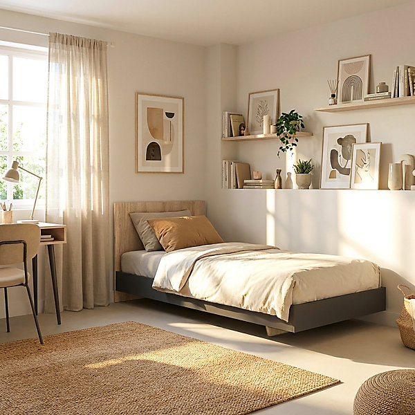 Lit LOFT 90x190 cm   sommier / Décor Noir &chêne blanchi