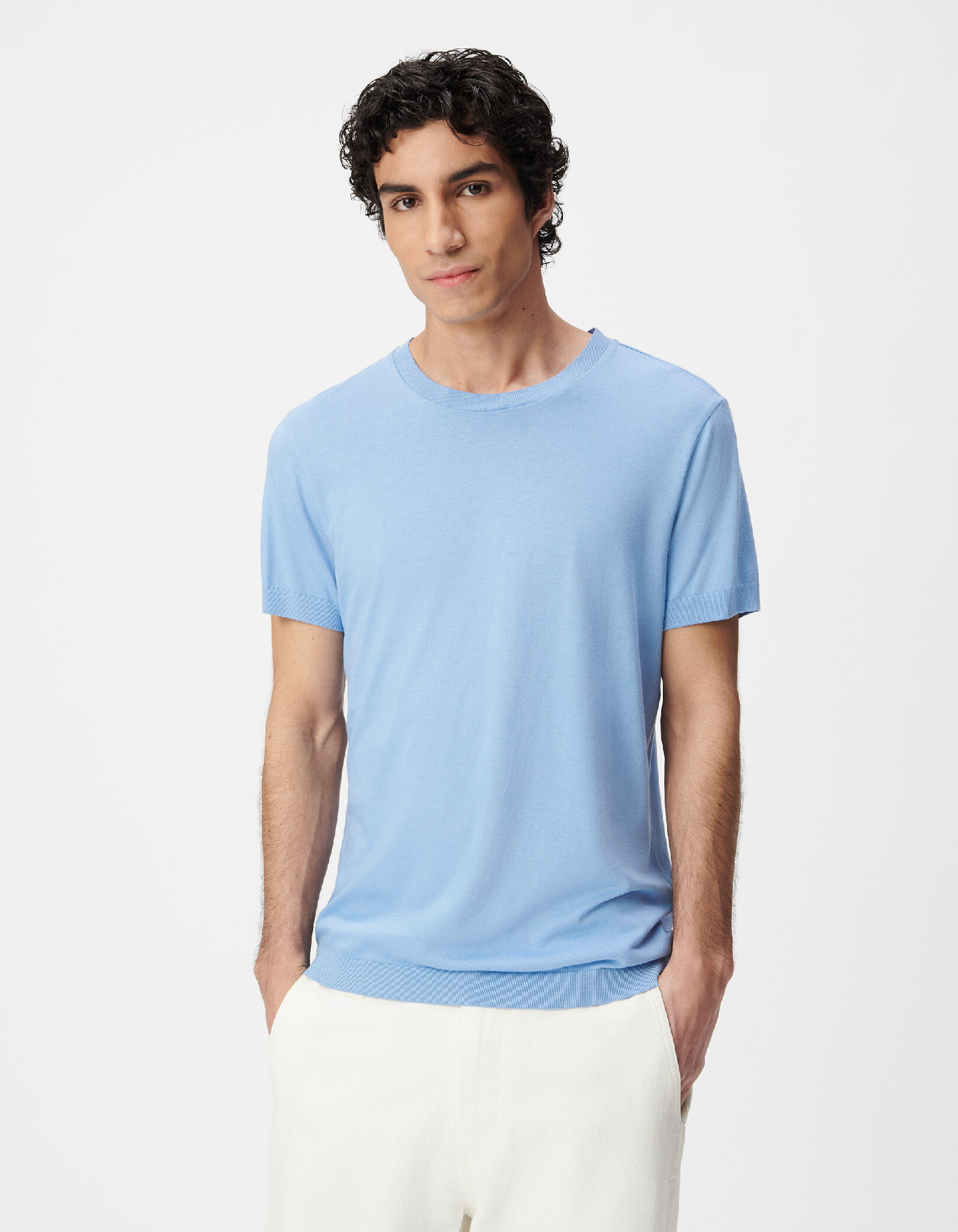T-shirt col rond bleu maille coton modal Homme