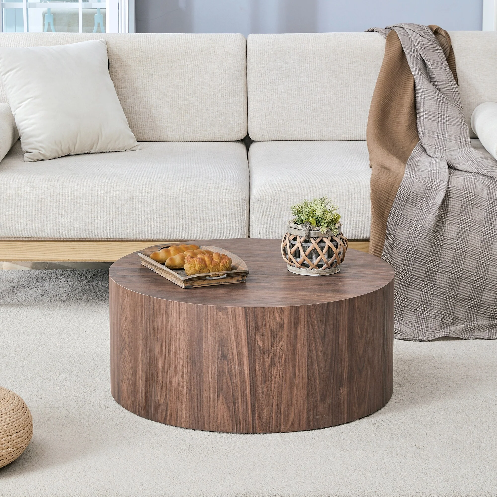 Round Wood Coffee Table 27.5 Solid Drum Side Table for Living Room, Modern Cylinder Cocktail Table for Home Office