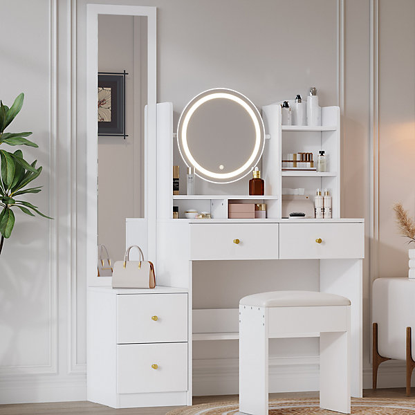 Coiffeuse 109 cm avec miroir LED tricolore, miroir pivotant 360, 4 tiroirs et tabouret rembourré, blanc
