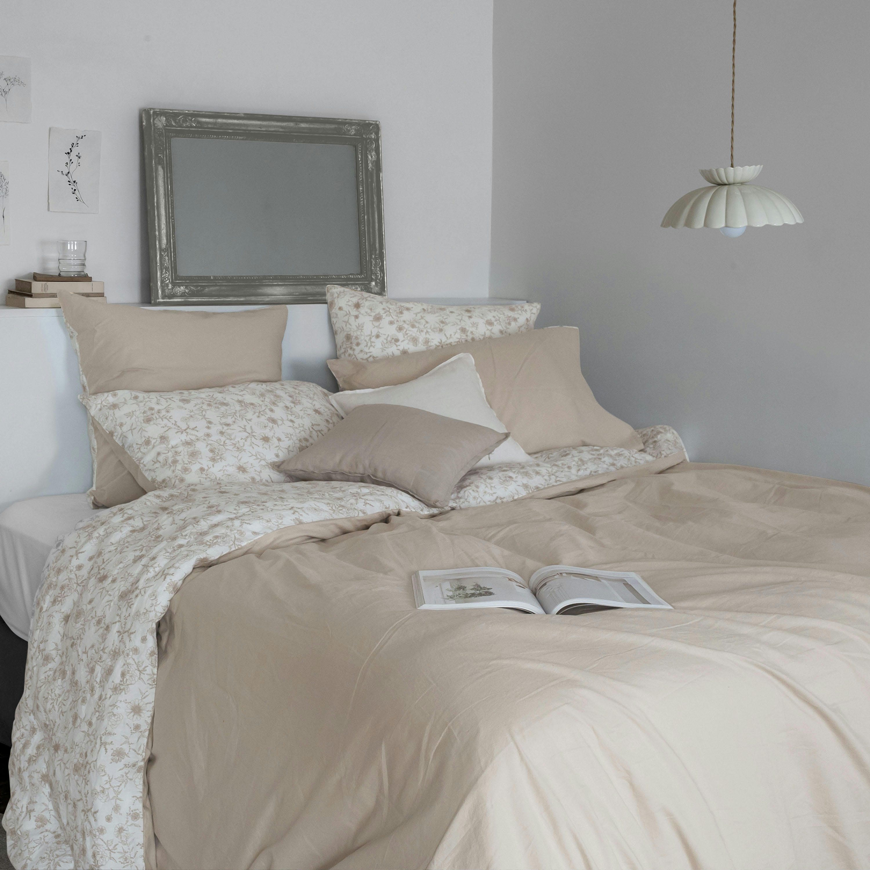 SONGE - Housse de couette Grege Floral uni beige 260 x 240 cm