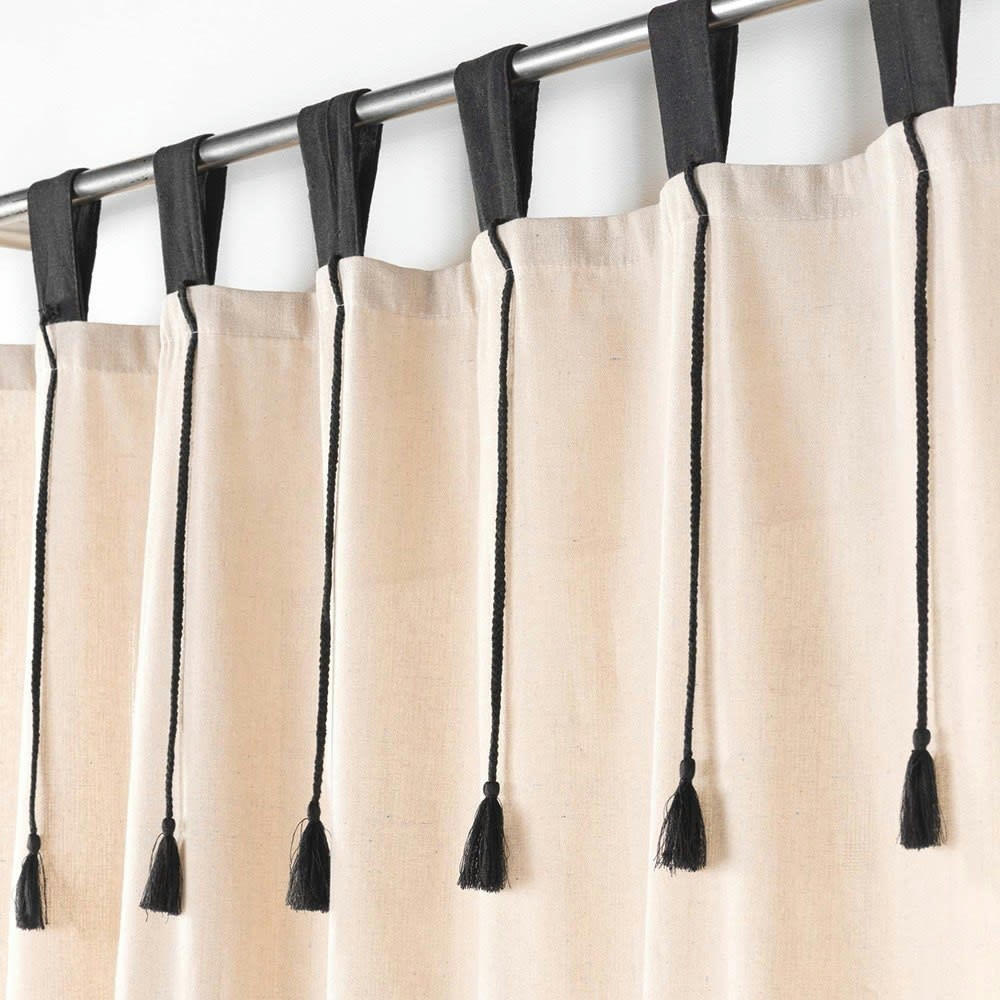 - Rideau à passants et pompons naturel
