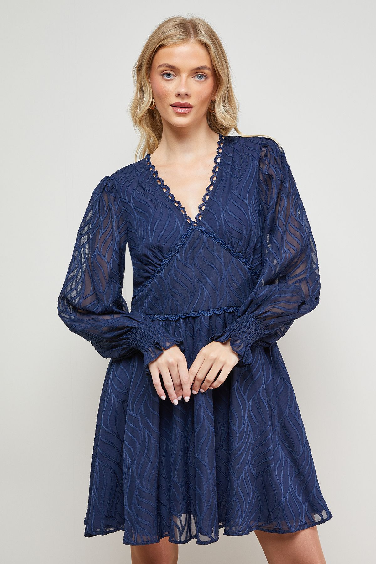 Oasis Animal Jacquard Trim Detail Balloon Sleeve Mini Dress