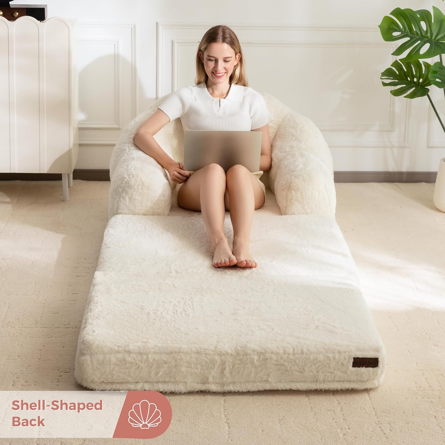 MAXYOYO Folding Sofa Bed, 2 in 1 Convertible Sofa to Lounger Comfy Single Bean Bag Chair for Adults, Floor Sleeper Couch with Handle, Faux Fur Couch Bed for Living Room Bedroom, Beige