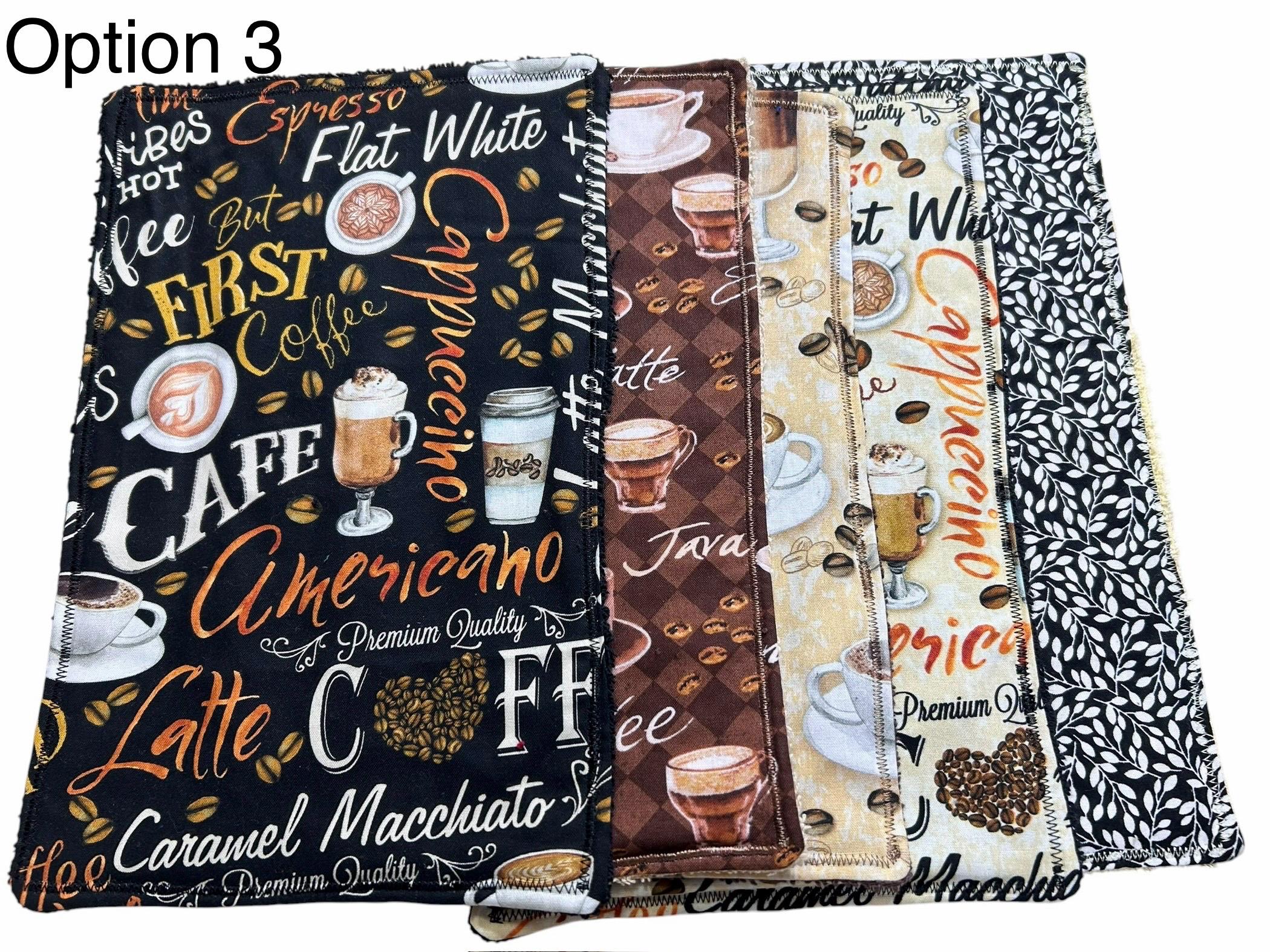 Coffee Themed Unpaper Towels Set of 5 | 3 set options | Reusable Paperless Towels | Eco Friendly Kitchen Cloths | Coffee Bar Decor