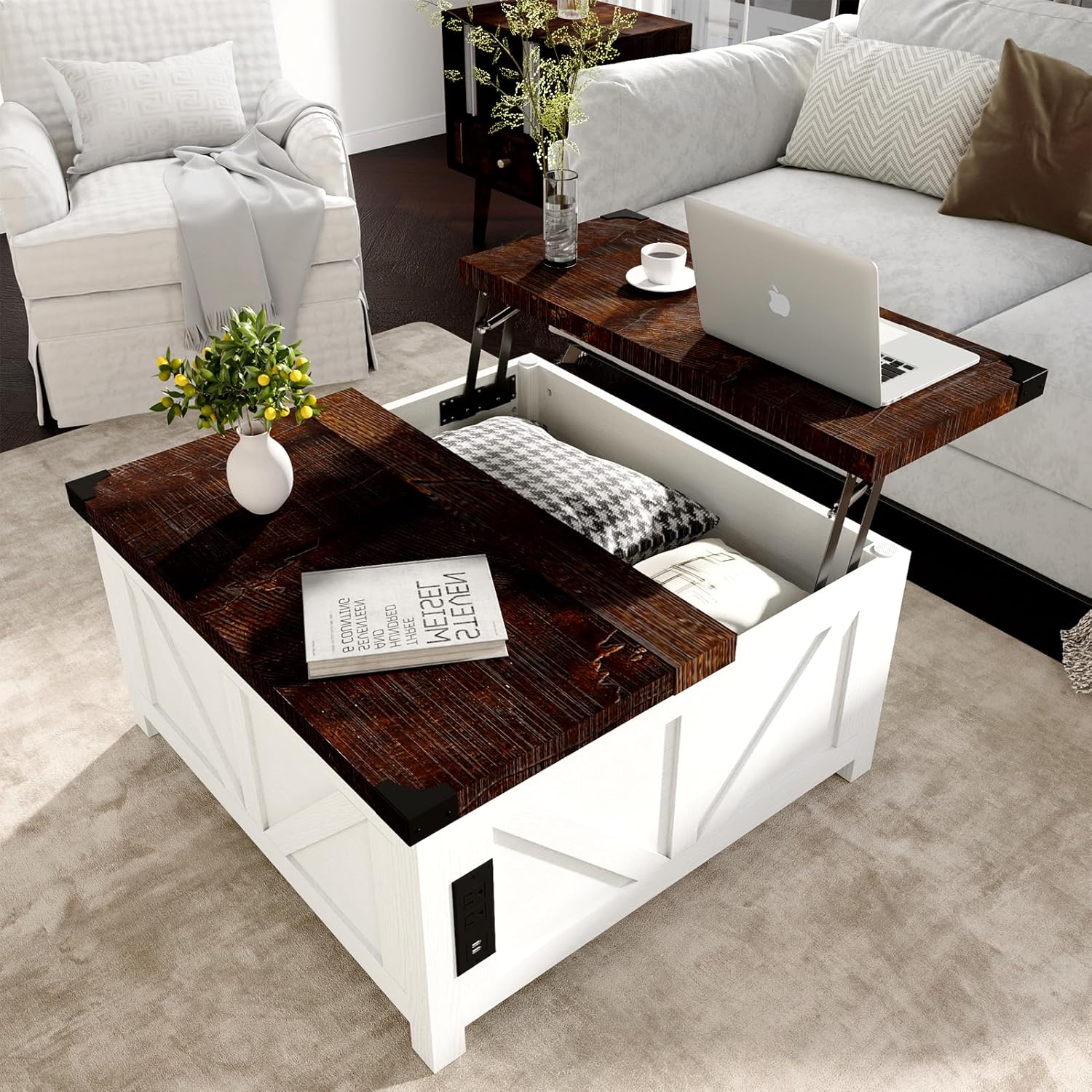 Farmhouse Lift Top Coffee Table with Storage, Wood Square Center Table with Charging Station&USB Port, Living Room Table w/Large Hidden Space, for Living Room, Bedroom, Home Office, White