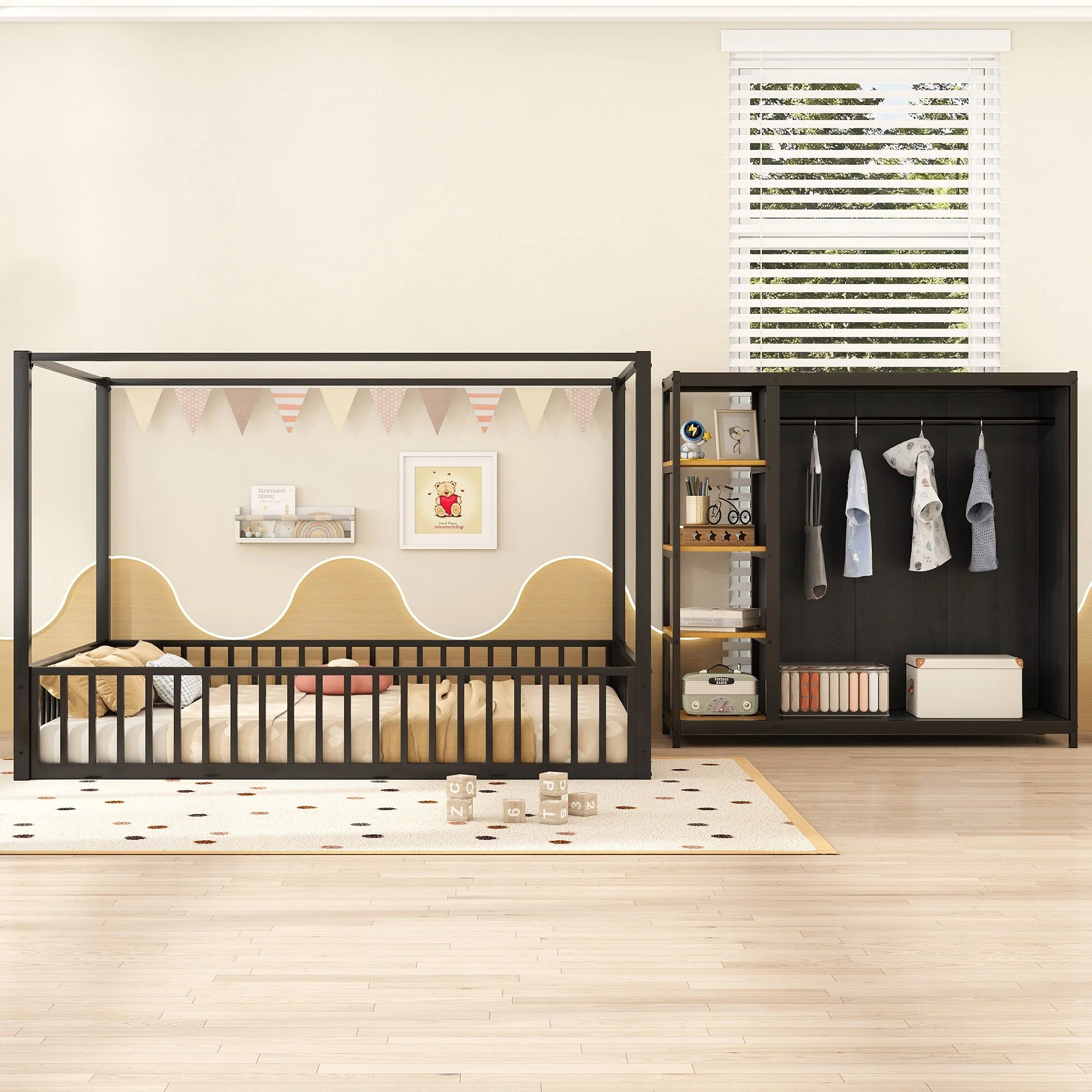 Kids Canopy Bed without Slats, Full Size Floor Bed & Wardrobe Set of 2 with Fence, Storage Cabinet with Clothes Rail and Shelves