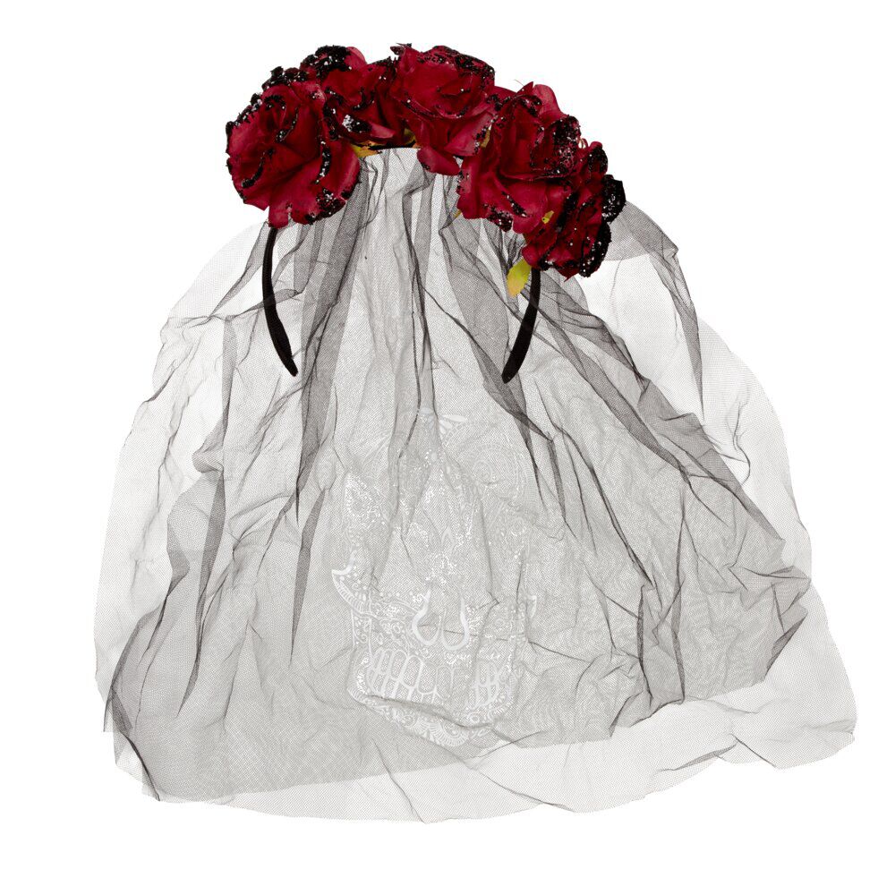 Serre-tête adulte Halloween voile calavera fleuri noir et rouge