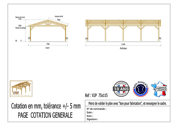 Carport 2 pentes 750cmx1150cm, 86m2 bois DOUGLAS Français(Charpente en bois-auvent-abri voiture).Garantie 10 ans