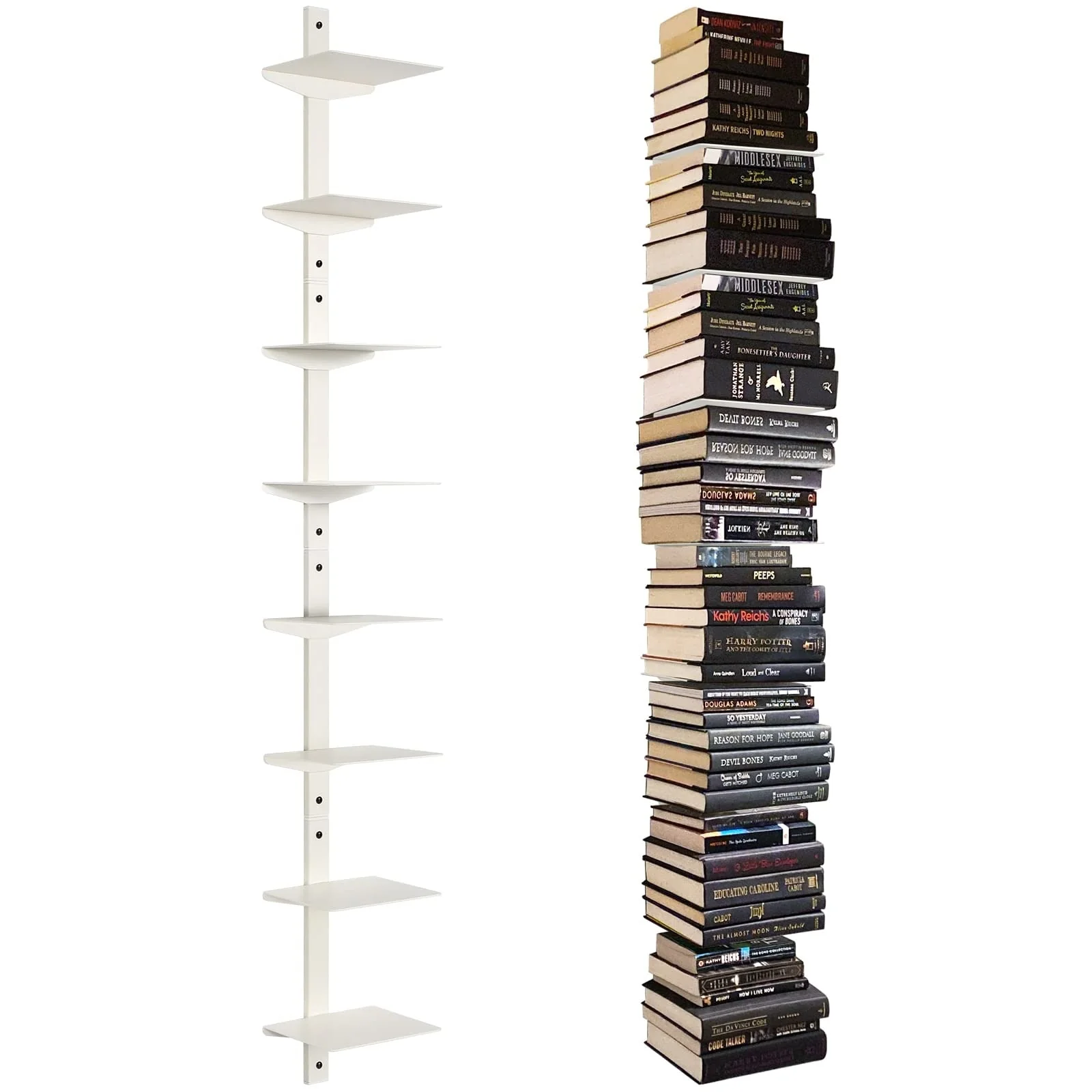 Invisible Floating Bookshelf for Wall Mounted, 8 Tier Vertical Spine Book Tower, Heavy-Duty Metal Book Organizers