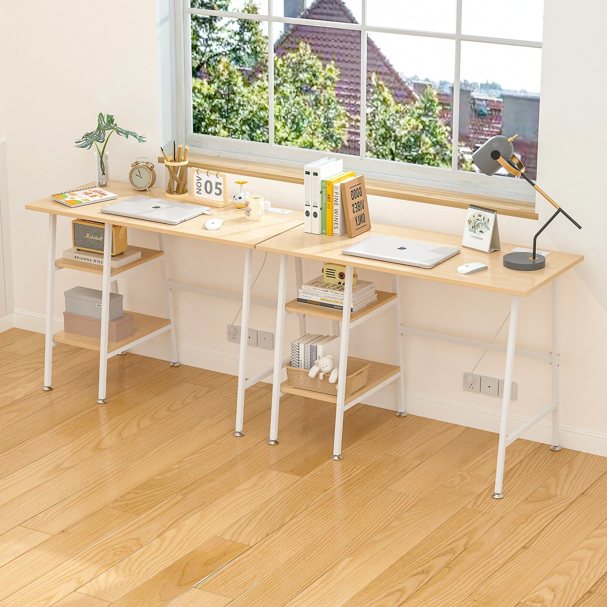 43 Inch Small Computer Desk with Power Outlets & USB Charging Port, Modern Simple Home Table with Storage Shelves