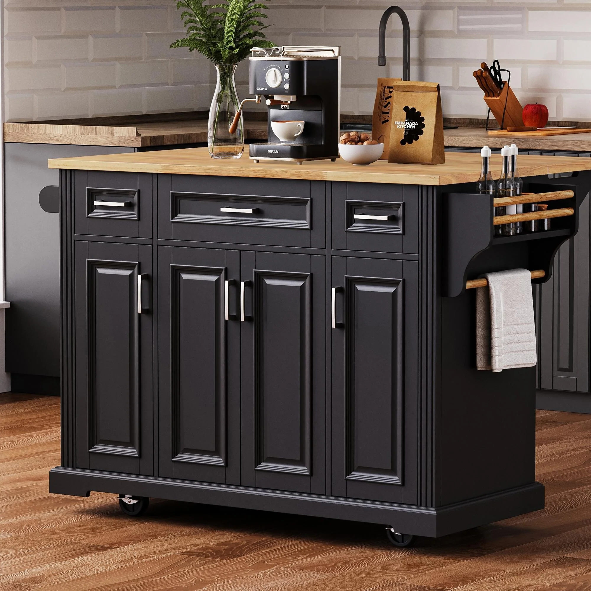 54Inch Large Kitchen Island With Rubber Wood Drop Leaf(no include stool)