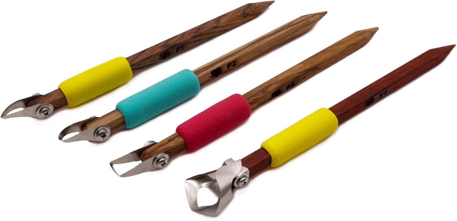 The Original DiamondCore Tools: 4-Pack Pottery Carving Tool Set ‚ P1, P2, P5, X1, Clay Carving, Ceramic Sculpting, Sgraffito, Relief Fluting (Set 1)