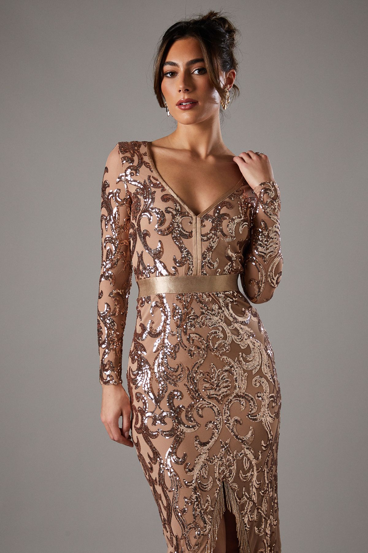Coast V Neck Maxi Dress In Sequin Lace With Embellishment Trim