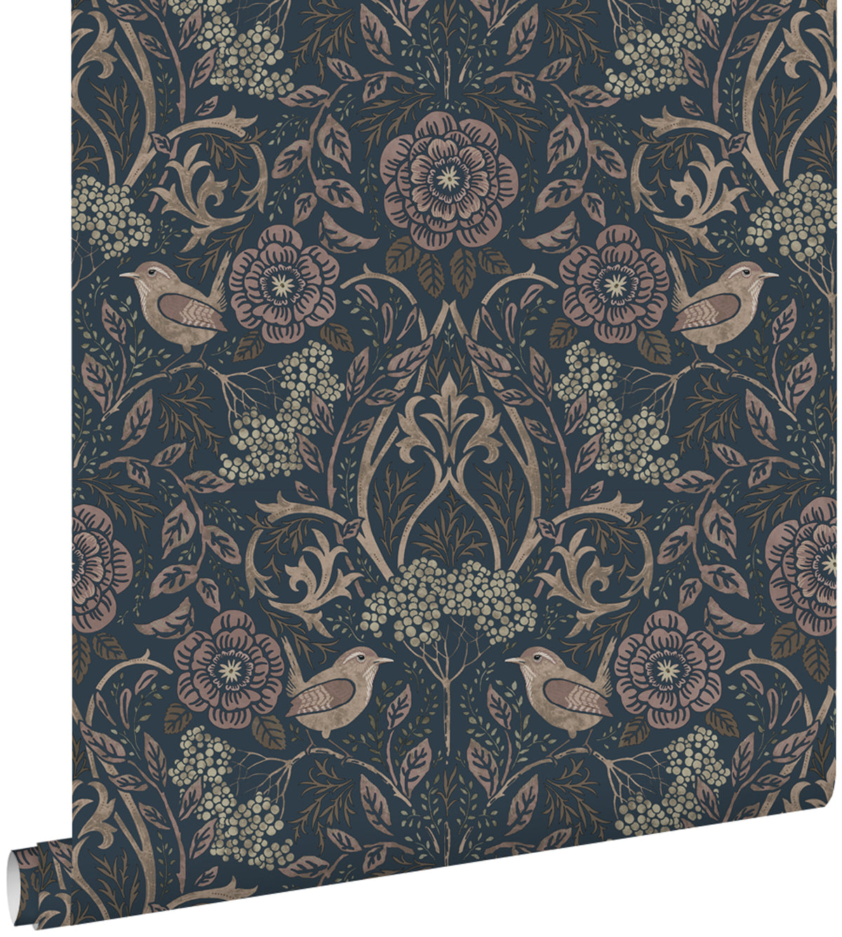 ESTAhome behang bloemen en vogels donkerblauw en oudroze - 53 cm x 10.05 m - 139832