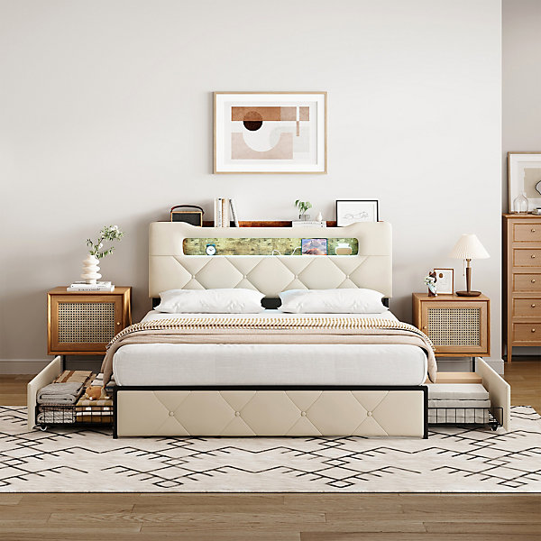 Lit coffre 140x190 cm en velours beige avec tête de lit lumineuse et port de charge, 4 tiroirs de rangement, structure métal