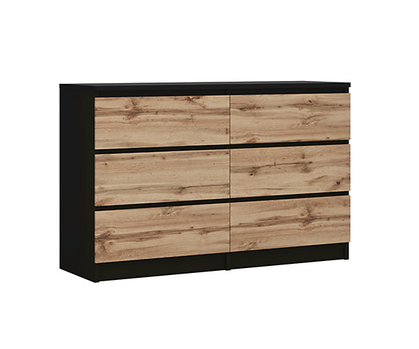 Commode 6 Tiroirs, Noir / Chêne Wotan, 120 X 39 X 78 Cm