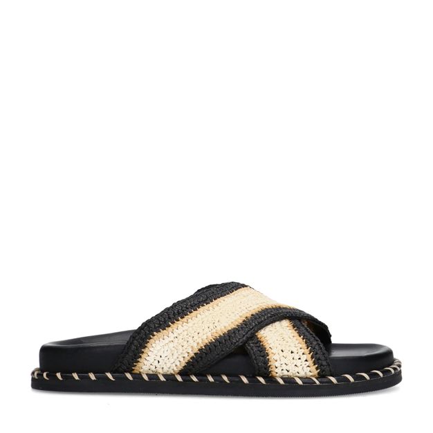 Zwarte plateauslippers met beige band