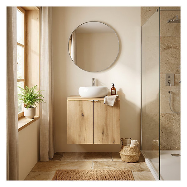 Ensemble de salle de bain VANO aspect chene 60cm : meuble sous vasque à placards et plan pour vasque et vasque à poser ronde