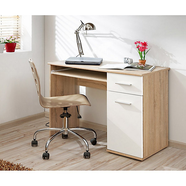 Bureau enfant DENVERAvec tiroir, porte et étagère coulissanteChene et blanc design