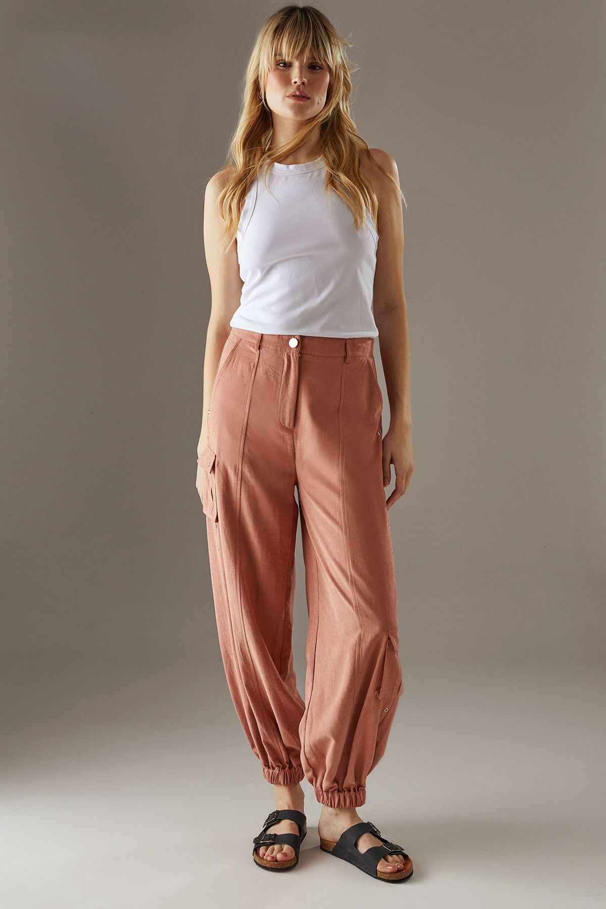 Warehouse Peach Satin Utility Eyelet Detail Cuffed Trousers