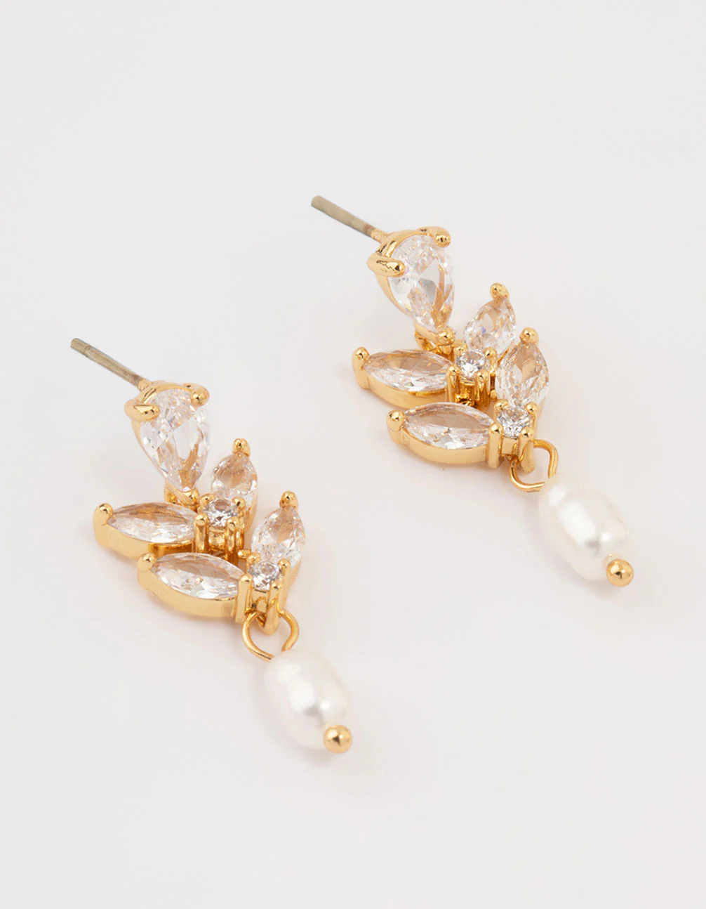 Gold Plated Cubic Zirconia Vine & Freshwater Pearl Drop Earrings