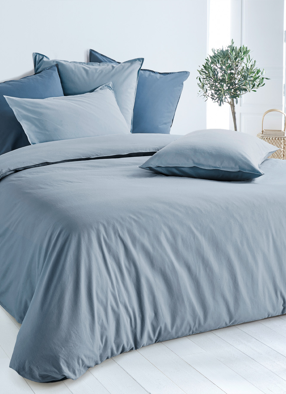 TAIE D'OREILLER UNIE EN COTON LAVÉ BIO BLEU