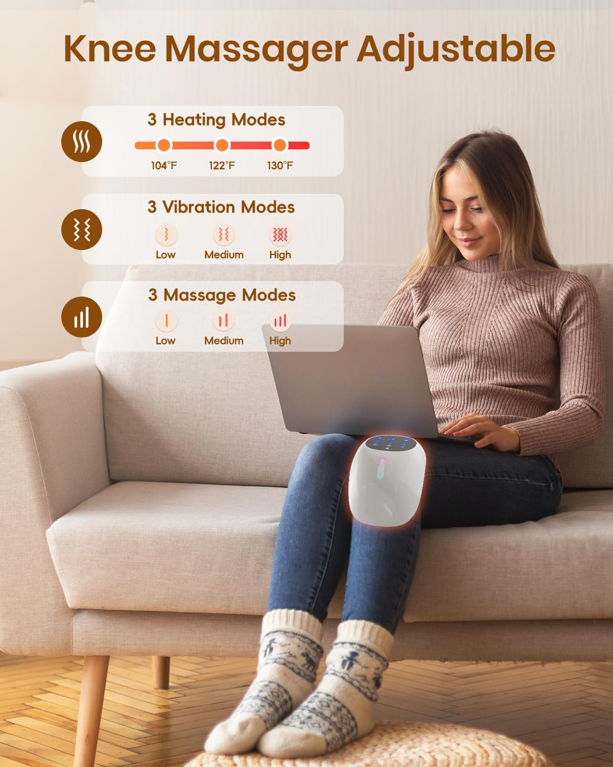 Knee Massager, 3-in-1 Cordless Portable Heated Knee Brace with Red Light Therapy, 3 Vibration Modes and 3 Heating Levels, Adjustable Straps for Grandma & Grandpa, White