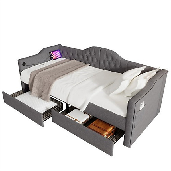 Lit adulte lit 90x200 cm lit rembourré avec 2 tiroirs Single lin gris