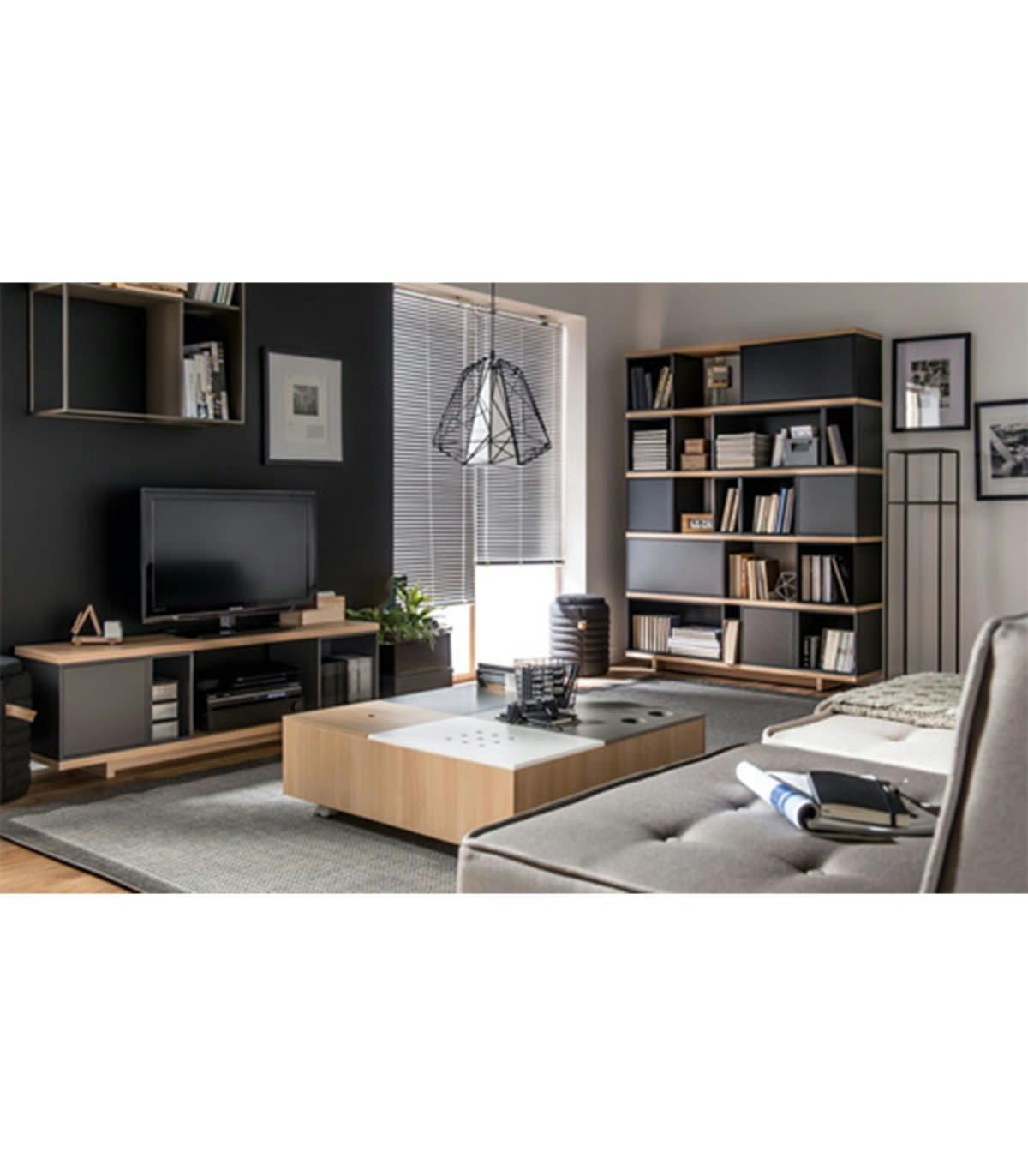 BALANCE - Meuble TV avec 2 cases L138 cm - Gris et chêne