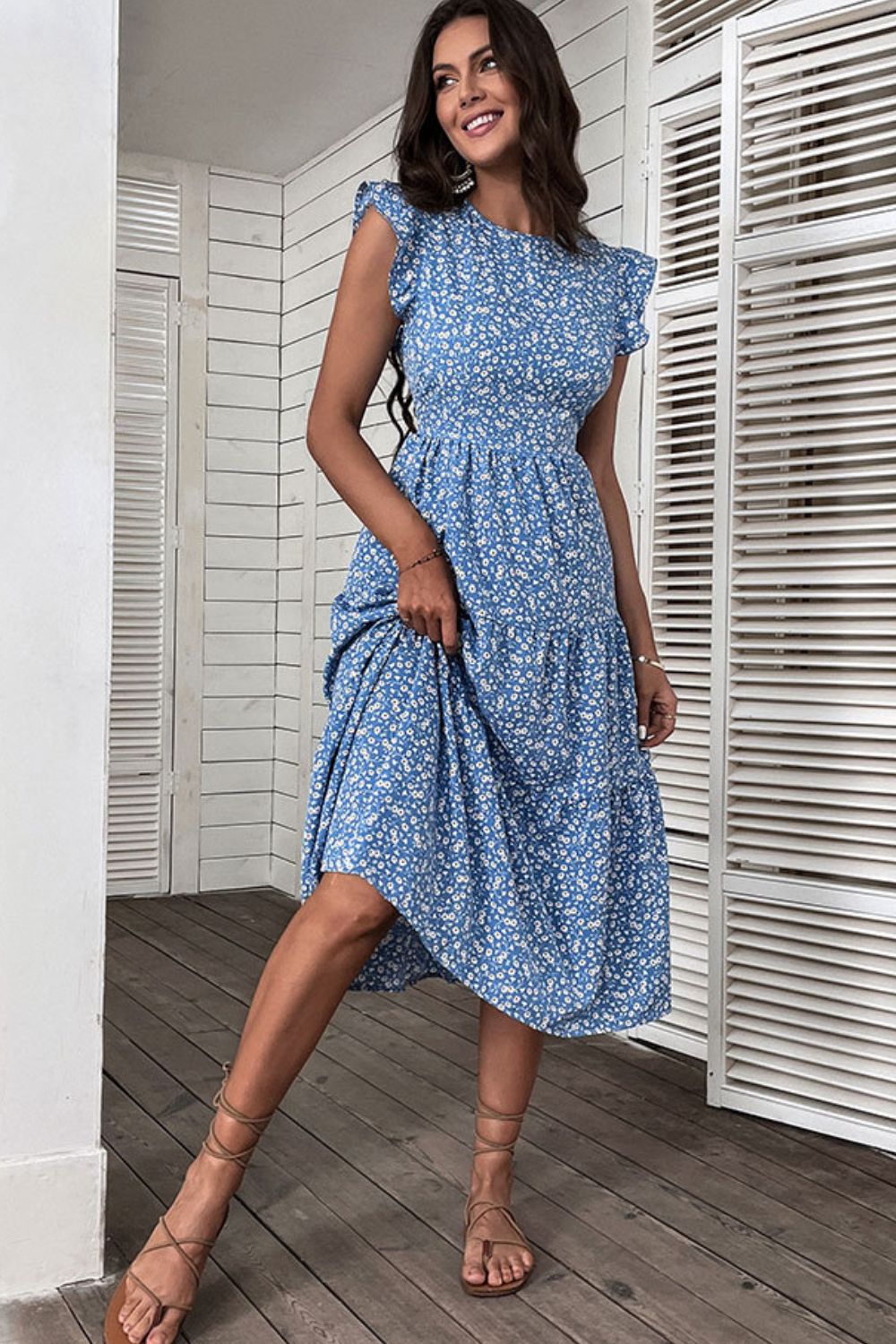 Ditsy Floral Butterfly Sleeve Midi Dress