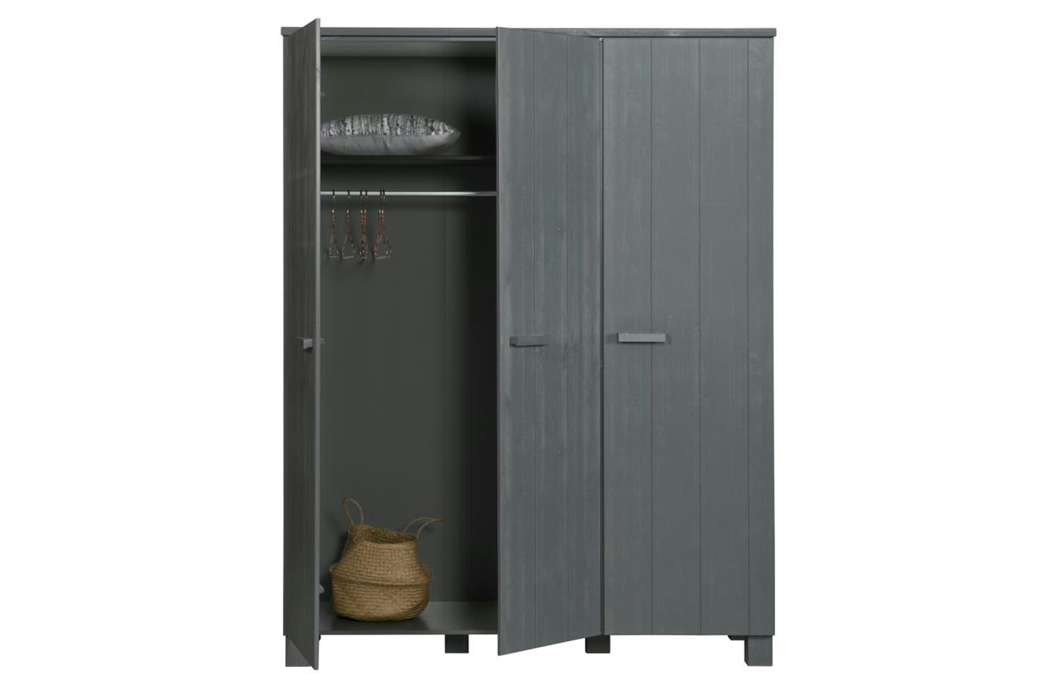 DENNIS - Armoire 3 portes en pin brossé cuir gris acier