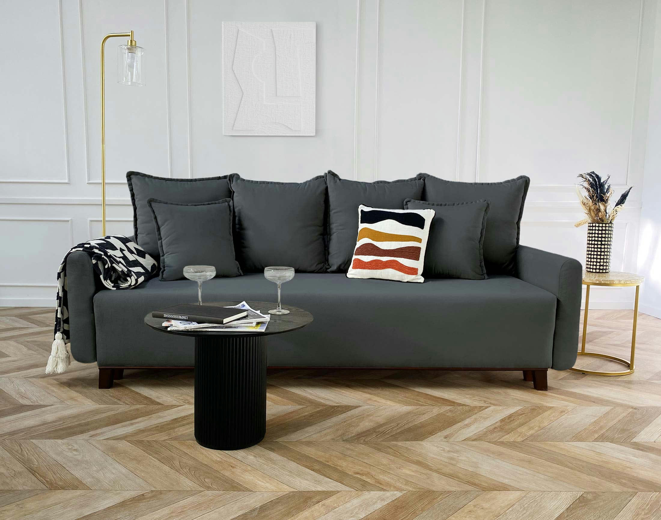 APIA - Canapé droit convertible 3 places en velours gris foncé