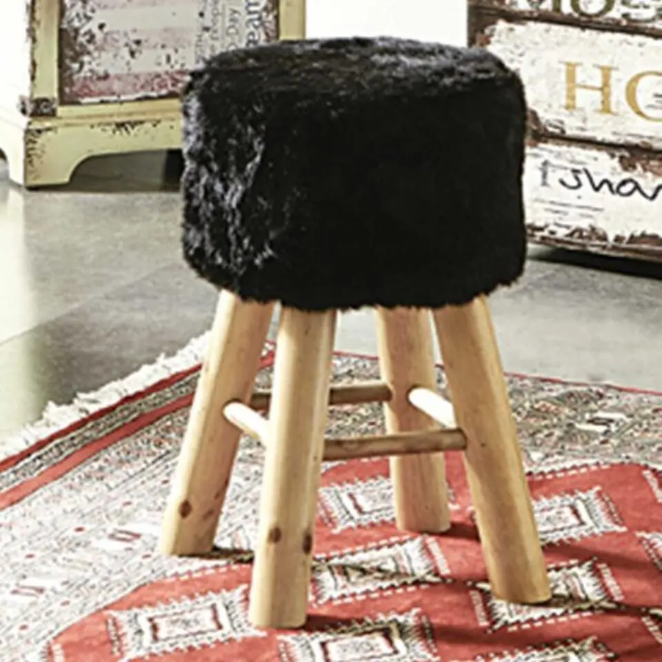 Kruk met massief houten poten - 30 x 30 x 45 cm - Zwart - Bont-look