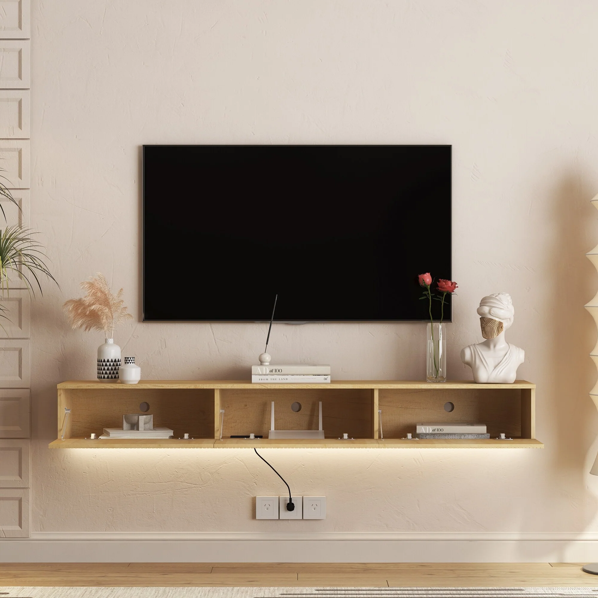 Floating TV Stand Wall Mounted with 16 Color LEDs, Floating TV Cabinet Entertainment Center for 55 60 65 Inch TV