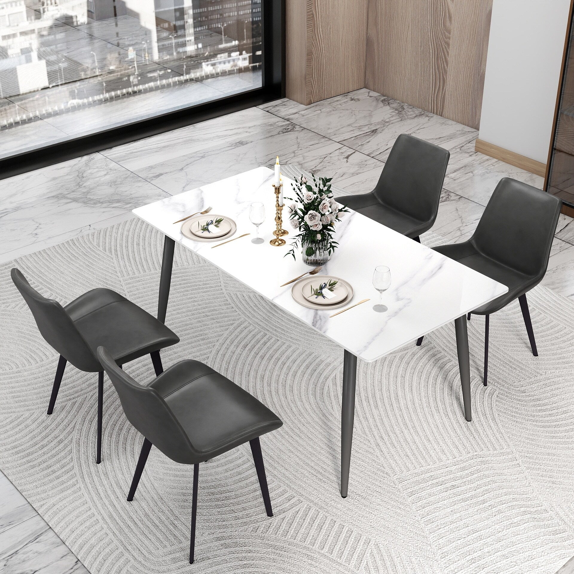 63 Rectangle Modern Sintered Stone Dining Table, Industrial Kitchen Table with Metal Legs for 6 People