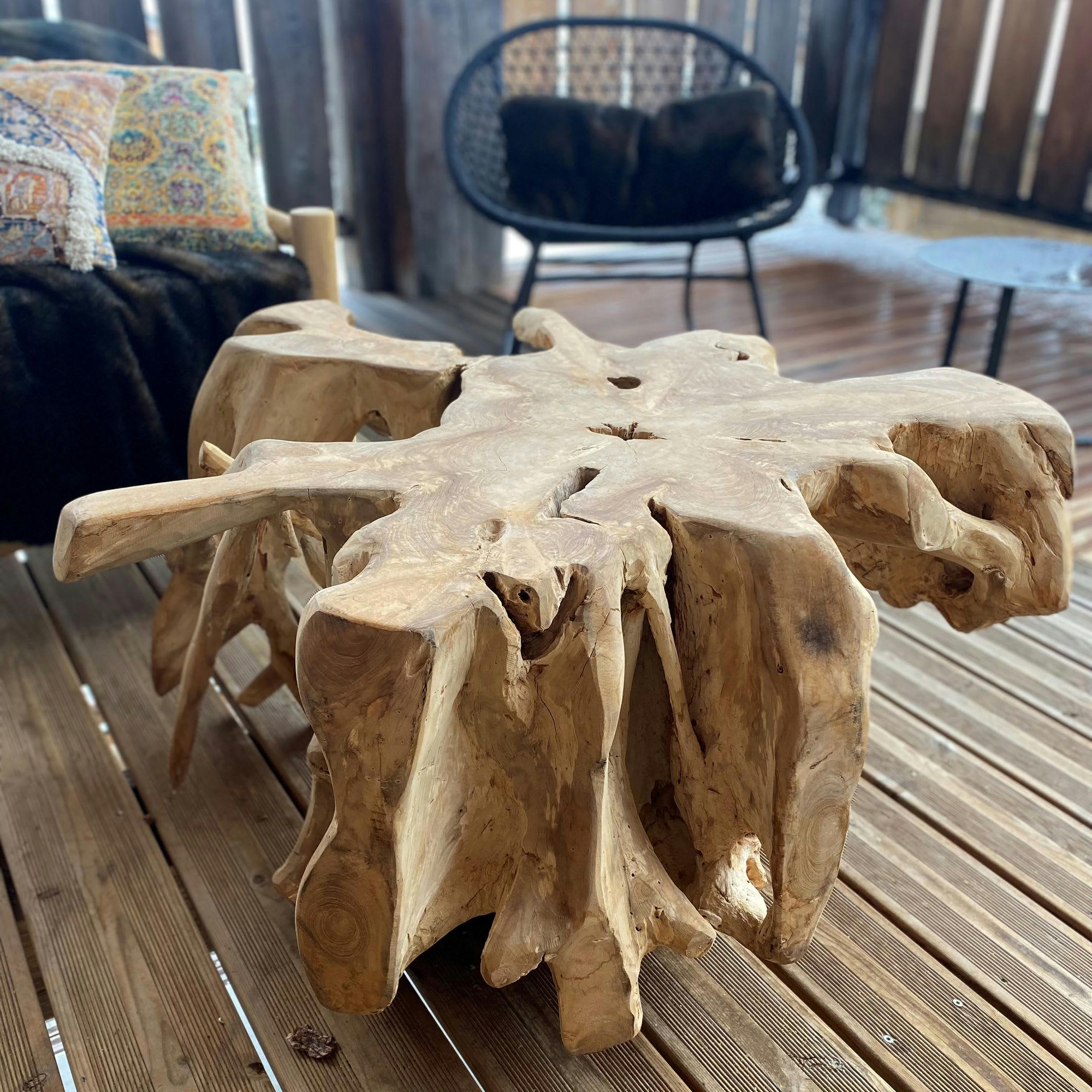 KALIMAN - Table basse extérieure en racine de teck massif Ø100cm