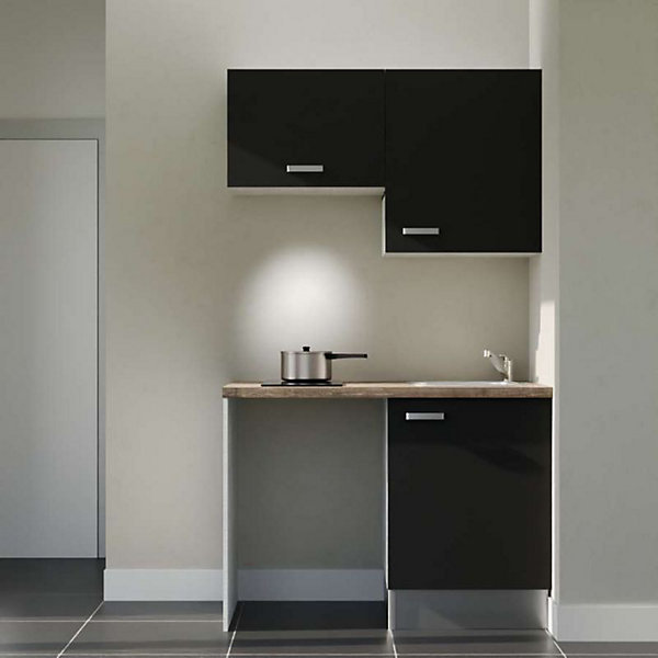 Kitchenette K01 - 120 cm - Façades : Noir - Plan de travail : Bois - Crédences : Non - Evier Inox