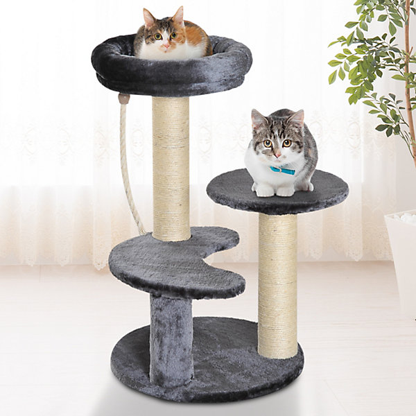 Arbre à chats 2 griffoirs grattoirs sisal naturel 3 plateformes corde à grimper dia. 40 x 65H cm peluche gris
