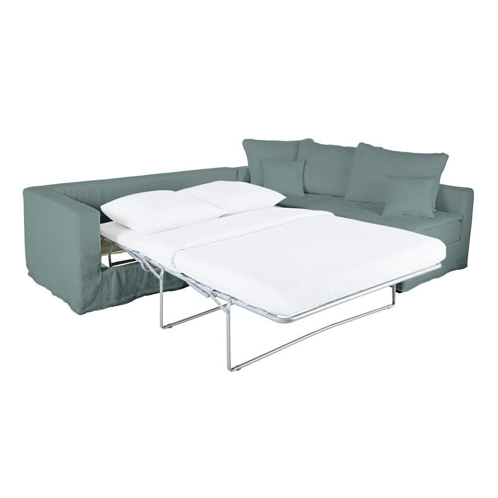 Célestin - Canapé d'angle droit convertible 5 places en lin bleu céladon