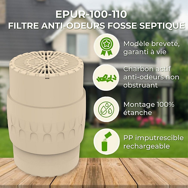 Filtre Anti-Odeurs Epur-100-110Haute Performance au Charbon Actif Anti-H2S, diametre 100-110mm, Solution Cans Collage, Pour Foss