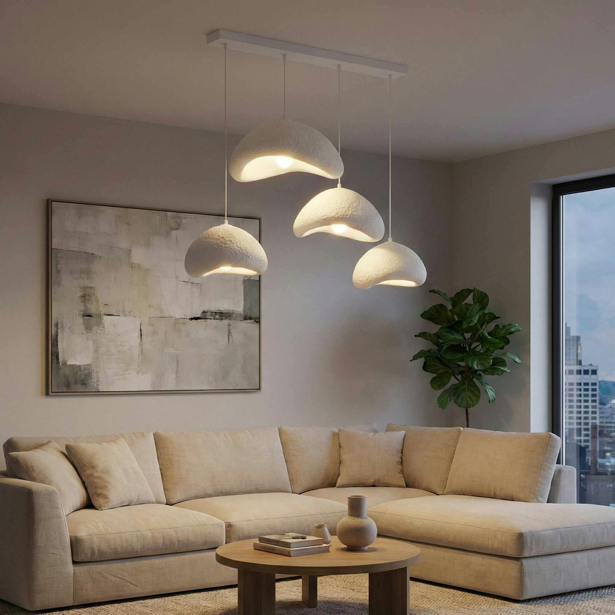 Suspension cuisine beige 4 lampes design 150 cm NOXIS