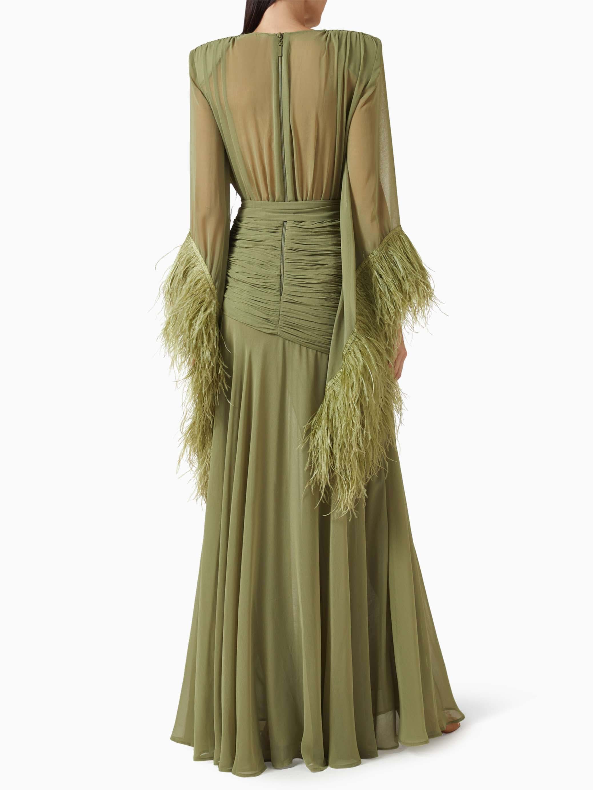 Elegant V-Neck Feather Cuff Flowing Chiffon Maxi Dress
