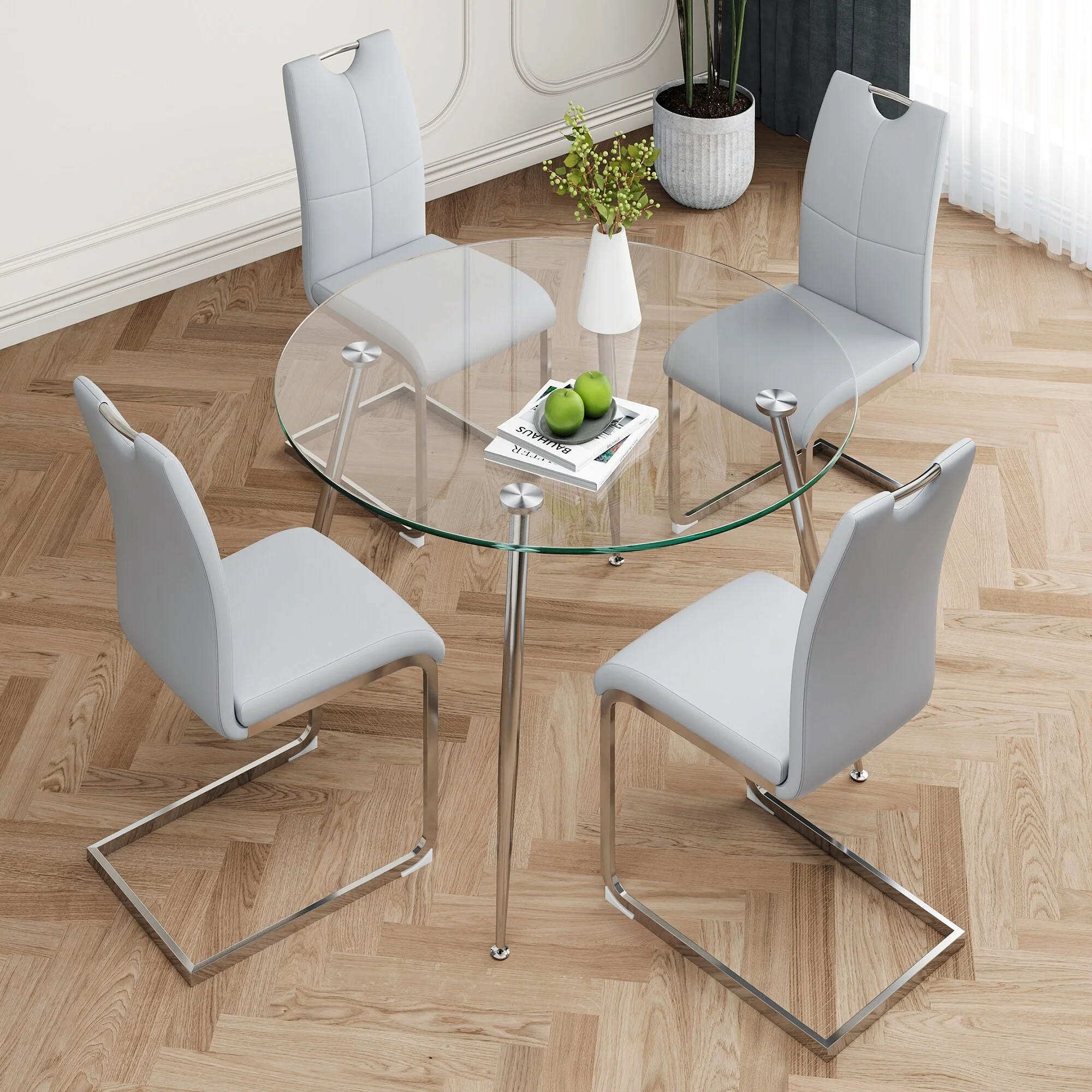 Modern simple round glass table, wear-resistant tempered glass countertop, electroplated table legsPU dining chair set(set of 5)